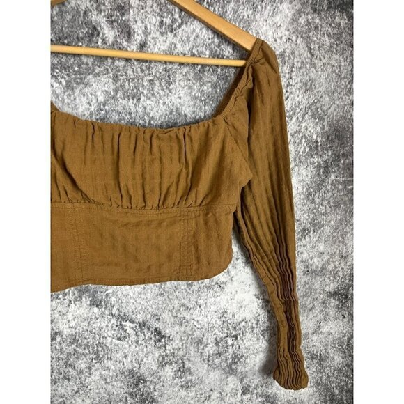 Wild Fable Rust Brown Cropped Ruched Smocked puff Sleeve Top Blouse Womens Small - Picture 3 of 12